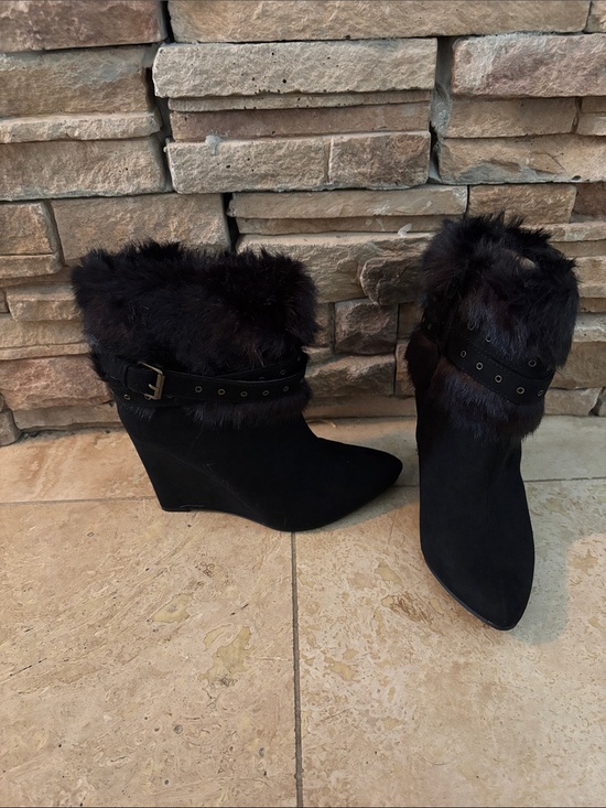Shoes - Black Faux Fur Wedge Ankle Boots - Women's